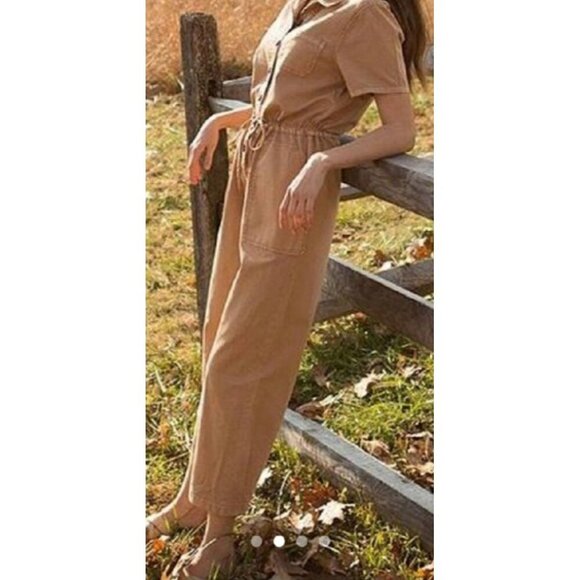 Oat New York Women's Utility Jumpsuit Cropped Leg Romper Size Small Tan - Picture 2 of 13